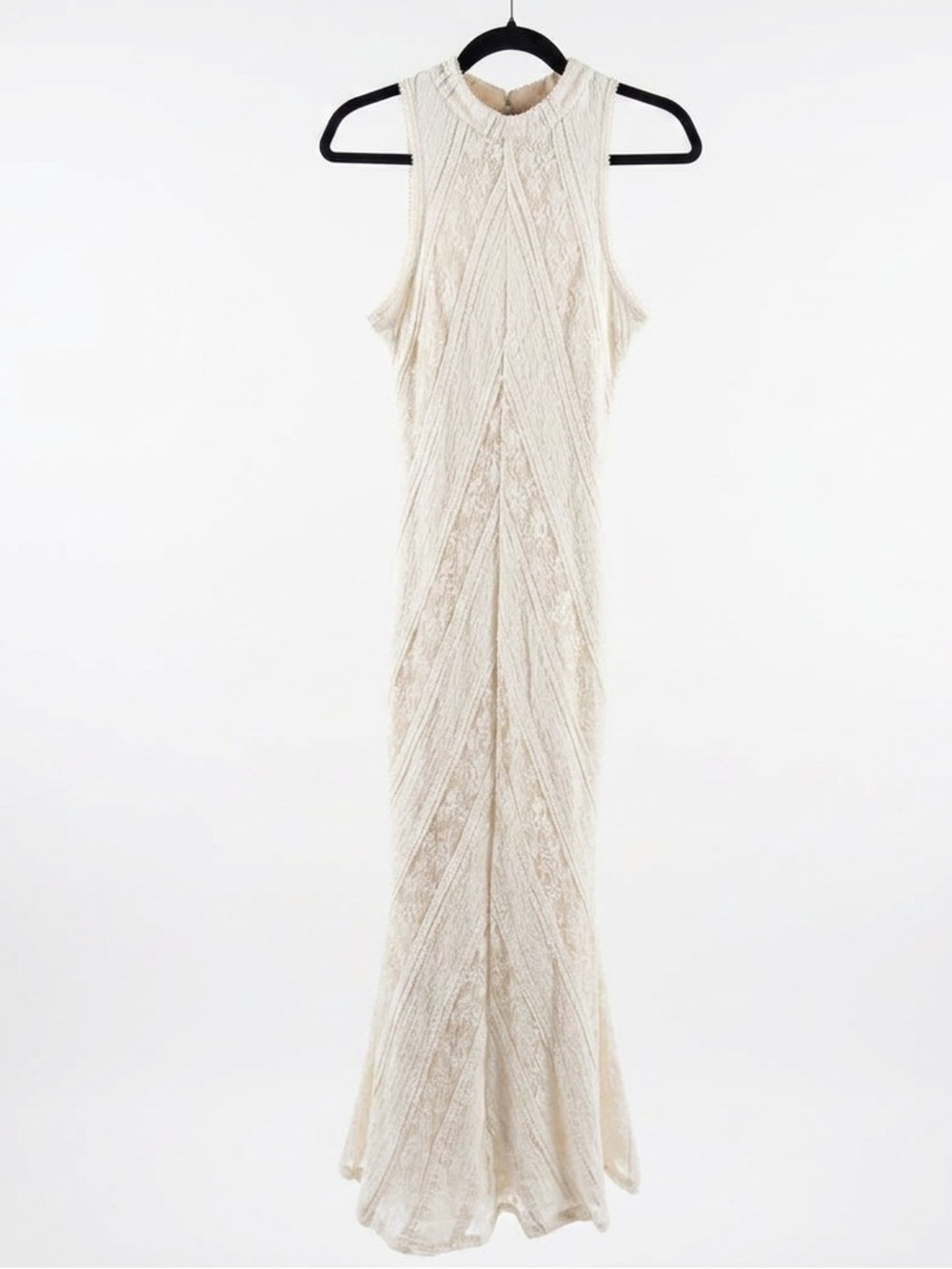 FORE Aritzia Cream Lace Chevron Maxi Dress Keyhole Back Mock Neck Bodycon Large